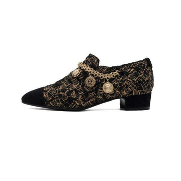 CHANEL Damen Schuhe aus schwarzem und goldenem Tweed mit Kettenlogo G31689 152317069