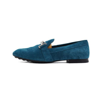 TODS ブルーシルバーのダブルTロゴ装飾スウェード女性ローファー aa56524 152317094
