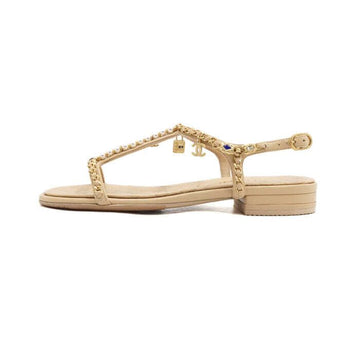 CHANEL G38916 Beige Schmuck Perlen Lammleder Damen Sandalen Slipper aa53543 152317178