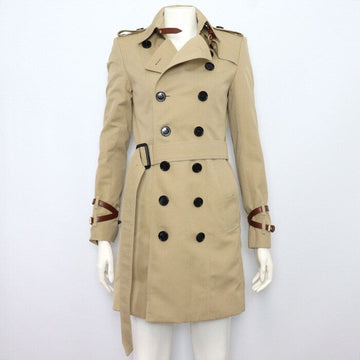 Burberry Beige Leather Strap Detail Check Belted Women's Trench Coat 4047025 152317459