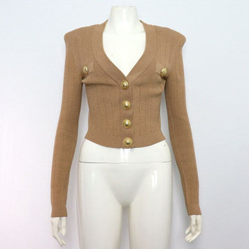 Balmain Brown Blended Gold Button Cropped Women's Knit Cardigan A58981 152317576