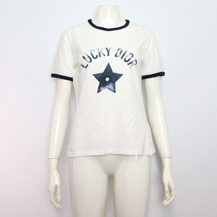 美品◇Christian Dior クリスチャンディオール 253T40A4403 コットン リネン LUCKY DIOR 半袖Ｔシャツ ホワイト M イタリア製 正規品 レディース Christian Dior - 美品◇Christian Dior クリスチャンディオール