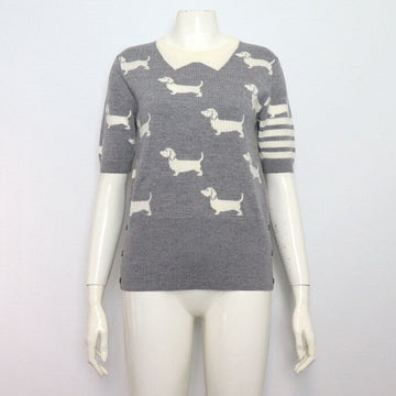 THOM BROWNE Grauer Puppy-Stickerei Kurzarm Damen Strick T-Shirt 152317664