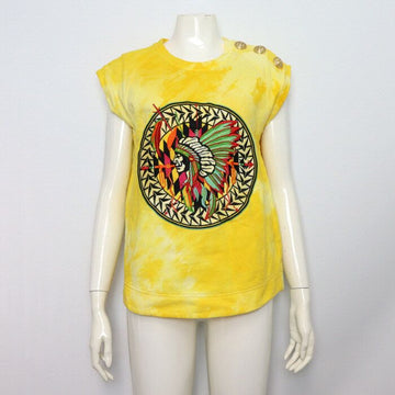 Balmain 100% Cotton Yellow Indian Embroidery Women's Sleeveless T-Shirt aa58082 152317748