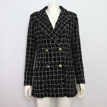 CHANEL P75797 2324 Season Gold Camellia Flower Button Black Tweed Check Women's Jacket 53935 152317878