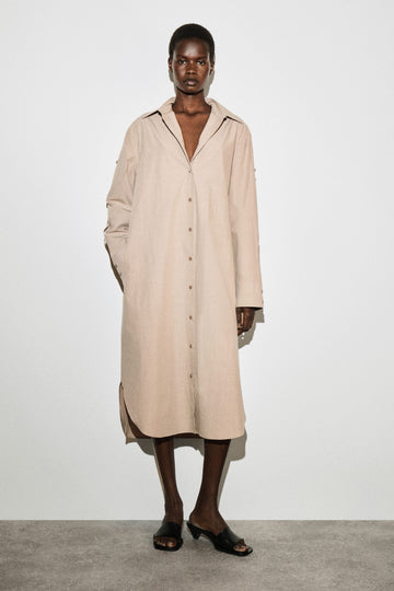 Cos Cotton Midi Beige Shirt Dress EU42 154209797
