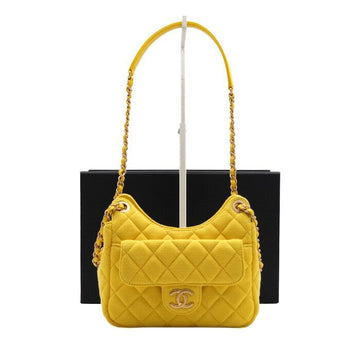 CHANEL イエロー ファブリック ポケット ゴールドチェーン スモール ホーボー ショルダーバッグ 兼 クロスボディバッグ aa61186 152836308