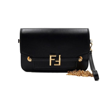 FENDI Schwarze Leder FF Logo Klappen Umhängetasche mit goldener Kette 8BS056 AHK2 F0KUR 152865527