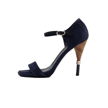 CHANEL Navy Suede CC Logo Gold Heel Open Toe Women's Shoes G32145 152867087