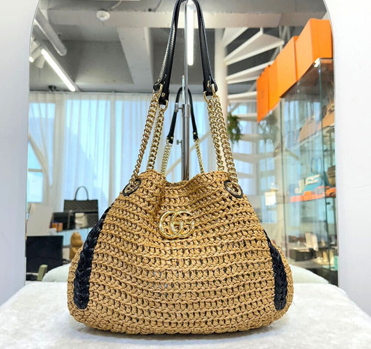 GUCCI Marmont Rafia Schultertasche mit Kette in Beige 574432G040804 148576426