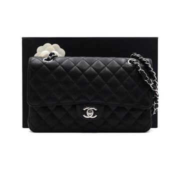 CHANEL Black Classic Caviar Medium Silver Chain Shoulder Bag A01112 153399286