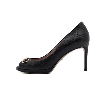 GUCCI 388449 GG シマ ブラックレザー ゴールド ホースビット オープントゥ レディース シューズ aa61684 153689705