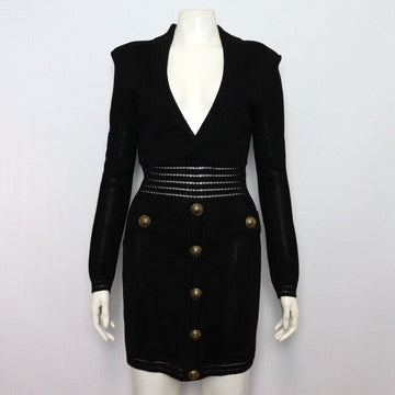 BALMAIN ブラック ニット ロング スリーブ ゴールド ボタン レディース ドレス ワンピース aa60838 153785893