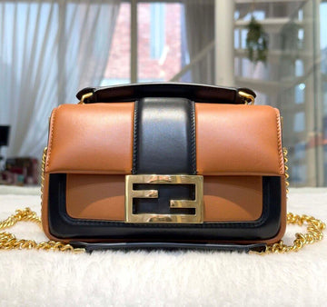 FENDI Zwei-Ton Leder Ketten Baguette Tasche Braun Schwarz 8BS045 D052028 153851950