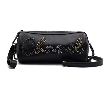 CHANEL Black Leather Chain Logo Bowling Bag with Silver Chain 154031862