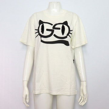 GUCCI ホワイトコットンキャットプリント女性半袖Tシャツ 615044 154033825