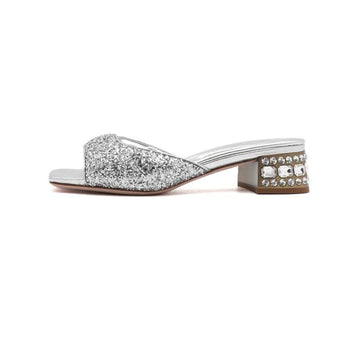 Miu Miu Silver Glitter Slide Crystal Heel Women's Sandals Slippers 62010 154132190