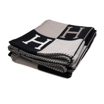 Hermes Avalon Black White Cashmere Wool Blend Throw Plaid Blanket 135x170 154229519