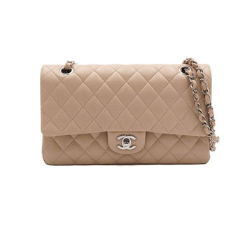 CHANEL Beige Lambskin Classic Medium Silver Chain Shoulder Bag A01112 154508999