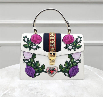Gucci Floral Embroidery Three Stripe Top Handle Shoulder Bag 100674771