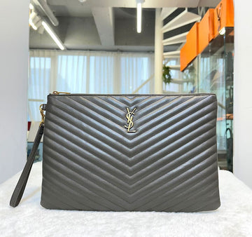 SAINT LAURENT Chevron Leder Clutch 440222 Dunkelgrau F120704 148576557