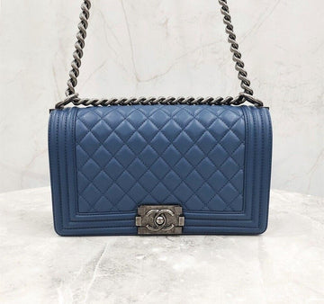 CHANEL Boy Bag Medium Flap Bag Lambskin Navy Silver Hardware 23 Series 130287630