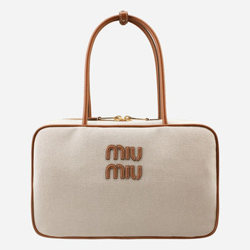 Miu Miu 5S Canvas Leather Bow Bag Beige Brandy 5BB163 ACRN F062F 134609149