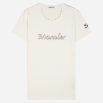 MONCLER 5S 女性 ロゴ ディテール クルーネック 半袖 Tシャツ クリーム 8C00009 89AUO 034 126564144