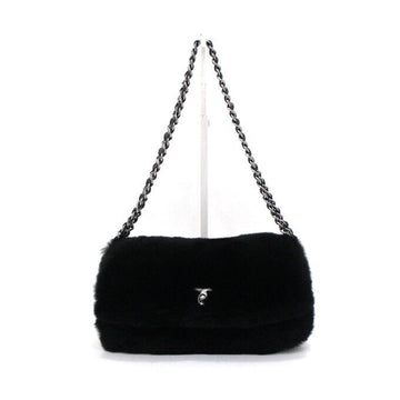 CHANEL Black Fur CC Flap Triple Silver Chain Shoulder Bag aa63490 155790484