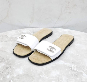 CHANEL CC Logo White Leather Mule Slippers 138828354