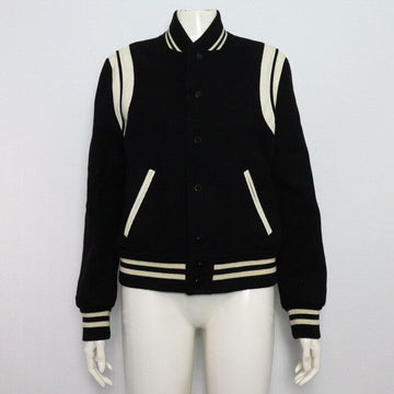 Saint Laurent Black Wool Shoulder Leather Trimming Teddy Varsity Women's Bomber Jacket 376283 155946756