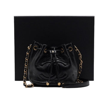 CHANEL Vintage Black Leather Drawstring Bucket Bag with Gold Chain 155954684