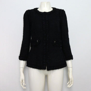 CHANEL Damenjacke aus schwarzem und blauem Tweed P38184 156024450