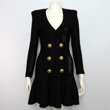 Balmain Black Blended Long Sleeve Gold Double Button Striped Dress 62355 156027015