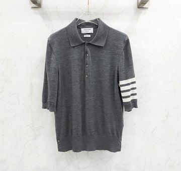 Thom Browne Charcoal Grey Diagonal Stripe Collar Knit Short Sleeve MKP048A 135402185