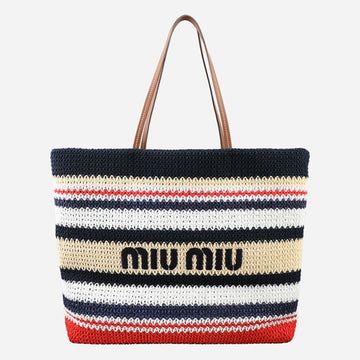 Miu Miu Raffia Effect Weaving Tote Bag Blue Red 5BG228 2DO3 F05CK 156627454