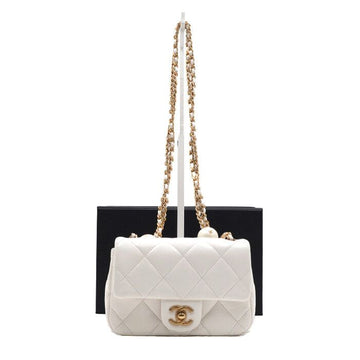 CHANEL Mini Flap Chain Shoulder Bag in White Lambskin with Pearl Balls and Gold Hardware AS4868 156760277