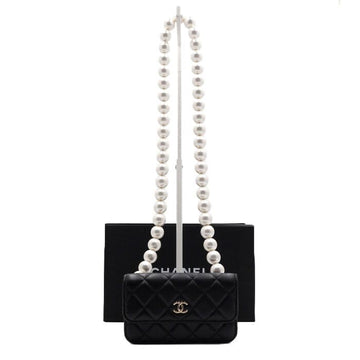 CHANEL Black Leather Pearl Chain Mini Flap Shoulder Bag and Crossbody 1898 156848139
