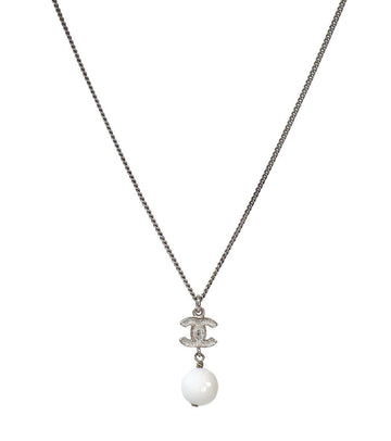 CHANEL White Bead Drop CC Silver Necklace 60465 157008811