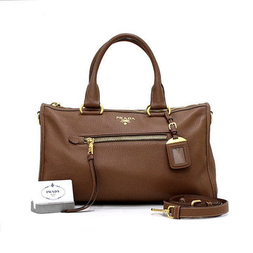 PRADA ビテロダイノ ブラウン レザー トートバッグ 兼 ショルダーバッグ aa64672 157063355
