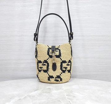 GUCCI Woven Mini Bucket Bag Natural Black 816284 157180367