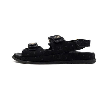 CHANEL Black Fabric Gold CC Velcro Women's Sandals G35927 153485549