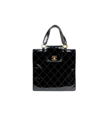 CHANEL Black Patent Quilted Tote Bag 56756 157215690