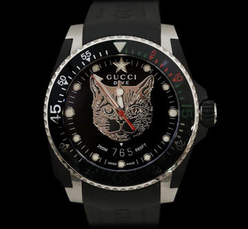 GUCCI Taucher Katze Schwarz Gummiarmband 40mm Quarz 9145316083 157279383 [P]