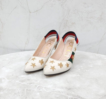 Gucci White Three-Stripe Leather Web Slingback Shoes 552039 154594222
