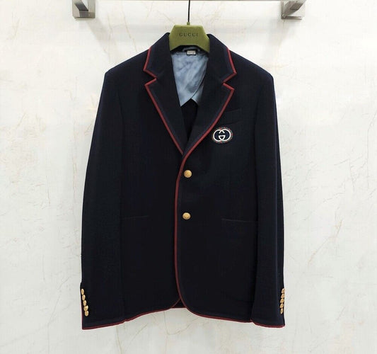 GUCCI gg GG ロゴ刺繍トリミングネイビーブレザージャケット 590578 122556079