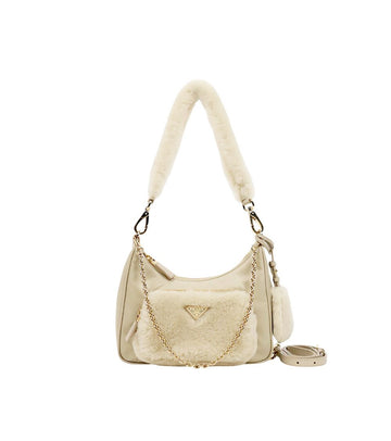PRADA Beige Nylon Shearling Hobo Schultertasche 62591 157385440