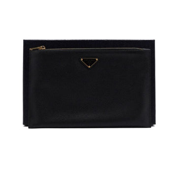 Prada Black Saffiano Triangle Gold Logo Pouch Clutch Bag 1NG016 157429777