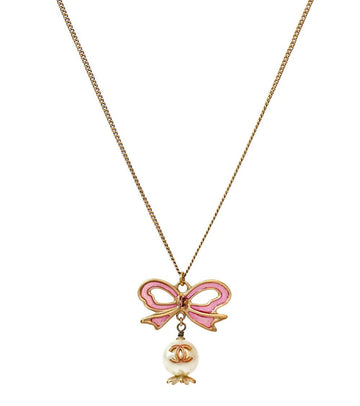 CHANEL Goldene Perlenkette mit rosa Schleife 52310 157503855