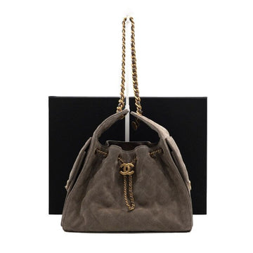 CHANEL スウェードレザーサンドカラーチェーンショルダーバッグ 25cm 157547886